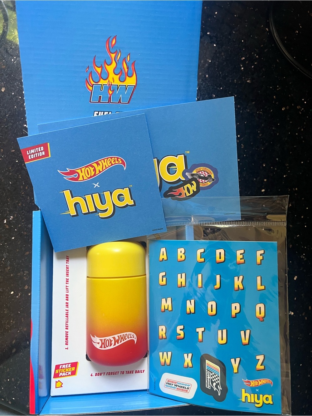 hiya hot wheels container box & Sticker Pack no vitamins included